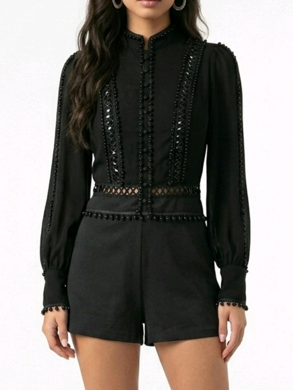 Pretty and Pearled Black Embellished Long-Sleeve Romper XS
